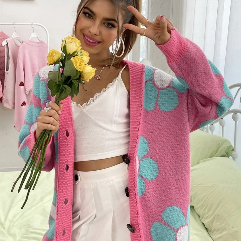 Floral Pattern Drop Shoulder Cardigan